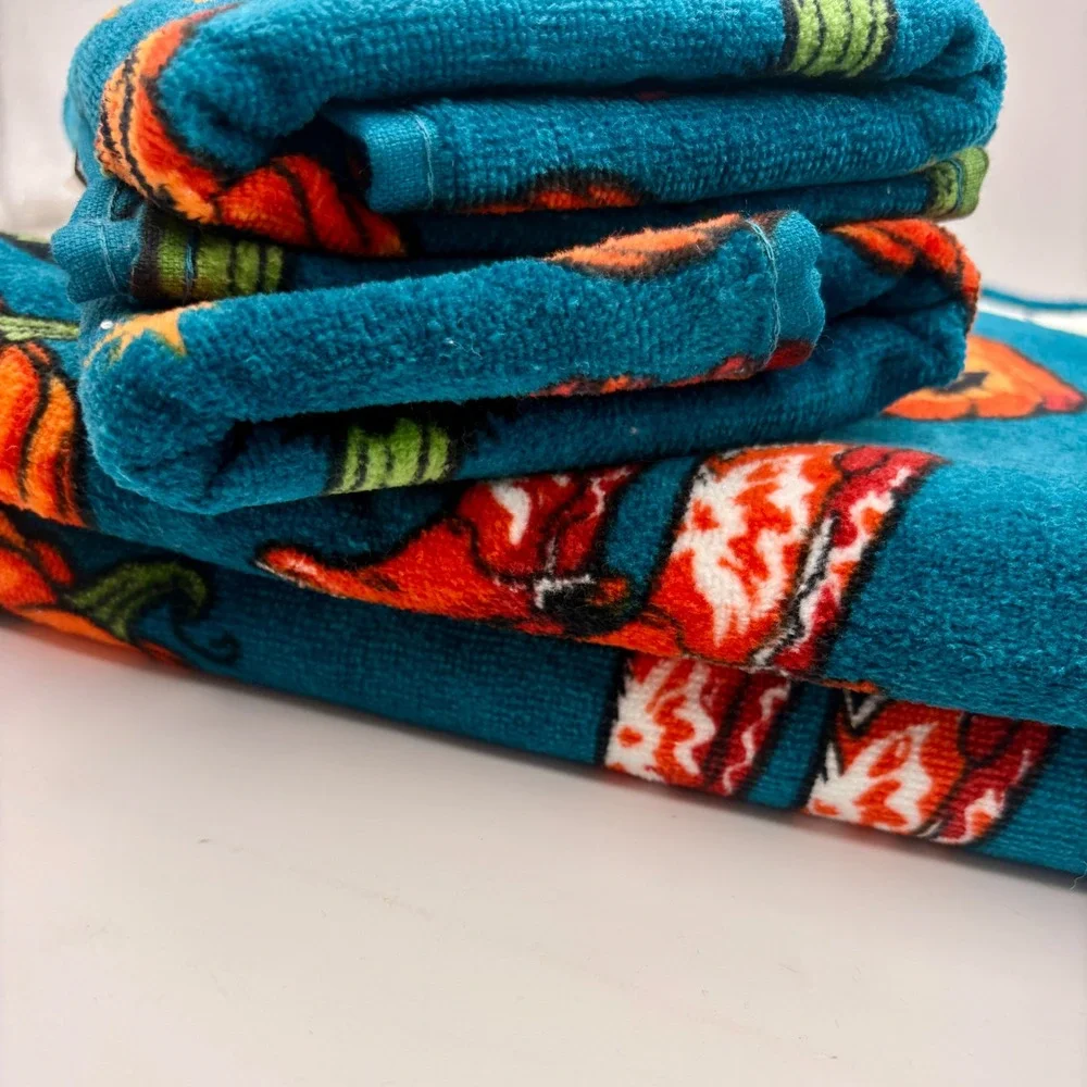 Wrangler Halloween Towel Set 4pc Teal Cowboy Ghost Pumpkin Cactus Cotton NEW